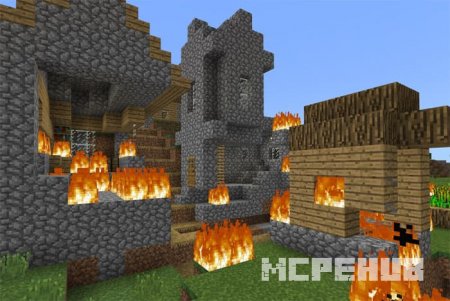 Игрок устроил погром в деревне, используя огненные TNT наконечники для стрел