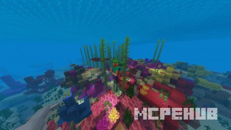 Игрок в подводном мире с обновлёнными и более красочными текстурами