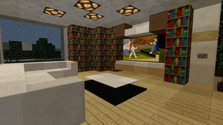 Комната с телевизором и библиотечными полками