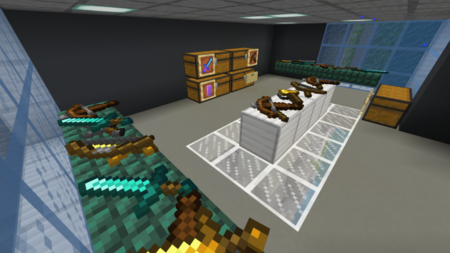 Оружейная комната игрока в подземной базе с множеством видов оружия
