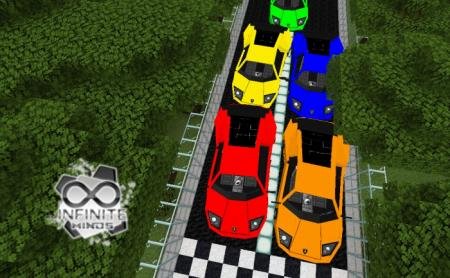 Вид сверху на пять доступных расцветок автомобиля Ламборгини Мерселаго, добавленного в игру