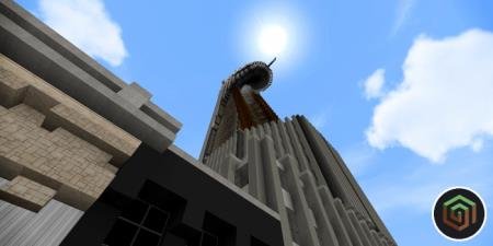Вид снизу на высоченную башню Старка в игре