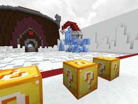 Красивая новогодняя локация в игре, на которой представлены зимние лаки-блоки