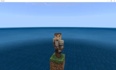 Игрок стоит на блоке бедрока над огромным плоским миром океана