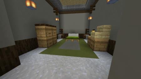 Спальная комната внутри Тардиса с тумбочками и несколькими лампами на потолке