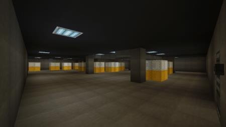 Огромное помещение с жёлто-белыми коробками на базе SCP 19