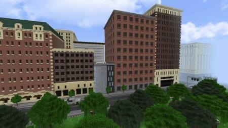 Несколько многоэтажек из кирпичей в Minecraft
