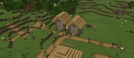 Небольшая деревня с сельчанами, выглядящими как персонажи Майнкрафт