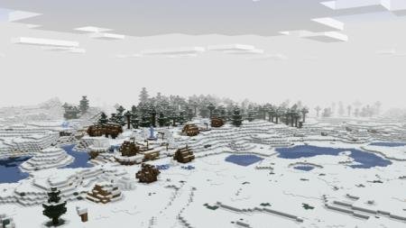 Взгляд на деревне и еловый лес в снежном биоме