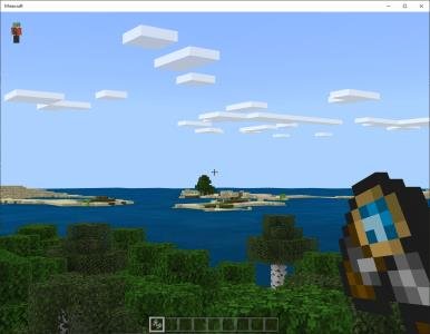 Игрок смотрит на небольшой островок посреди моря через бинокль