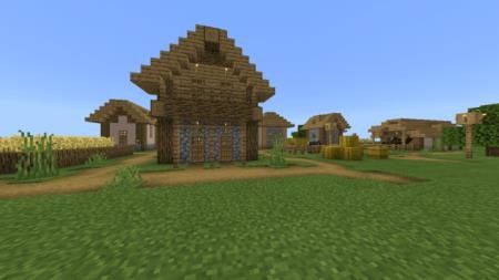 Вид на деревню, сгенерированную игроком с помощью ввода команды