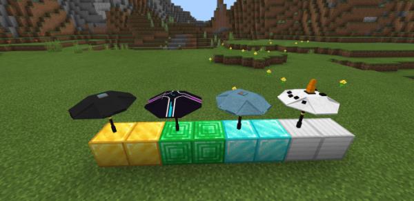 Представление четырёх зонтов из Фортнайт на драгоценных блоках