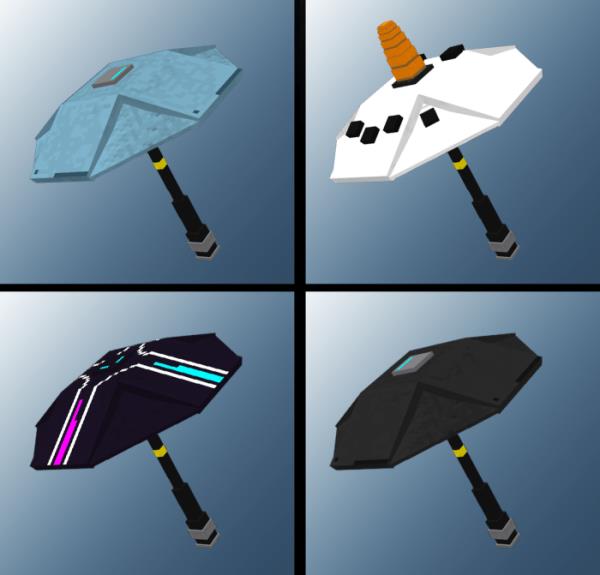 Четыре вида зонтов из Фортнайт, интегрированные в Майнкрафт