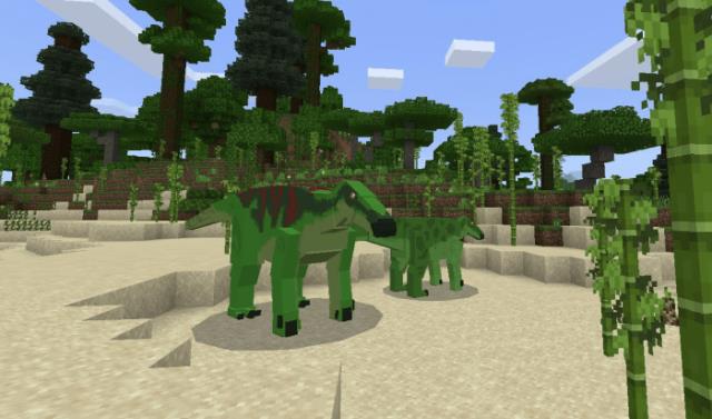 Эдмонтозавры рядом с бамбуковым полем
