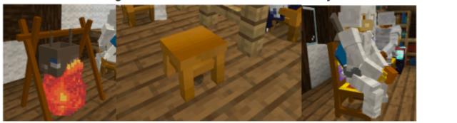 Небольшой костёр, стул и NPC, присевший на стул
