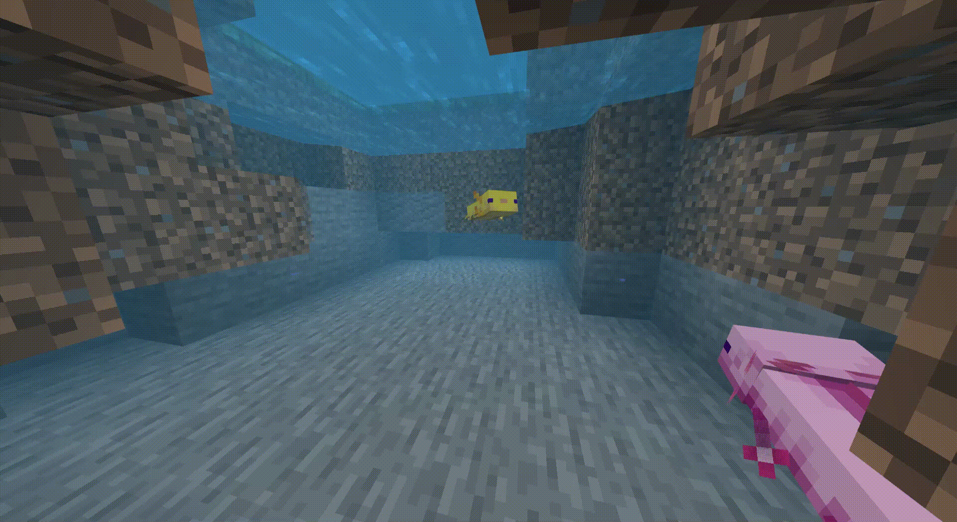 Плавающие желтый и розовый аксолотли