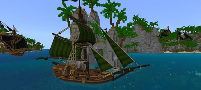 Пиратский корабль в зелеными парусами