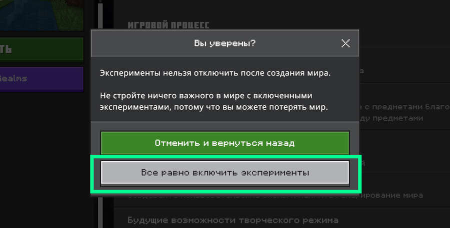 Согласие на принятие экспериментальных функций