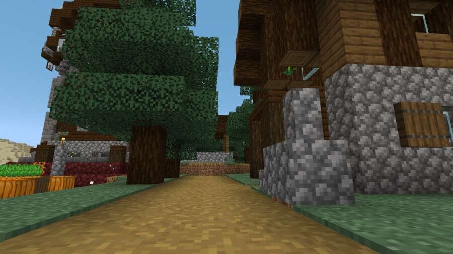 Игрок идет по деревушке и смотрит на домики