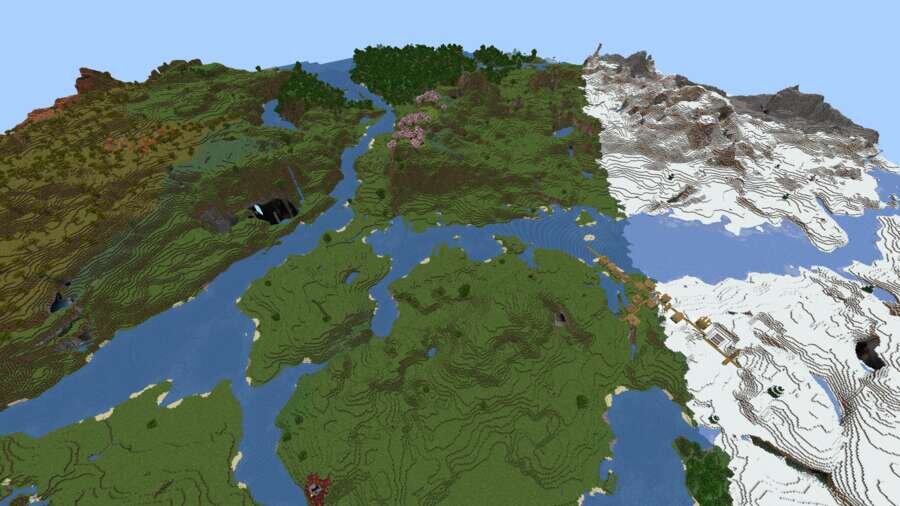 Пересечение речек и снежный биом вид сверху