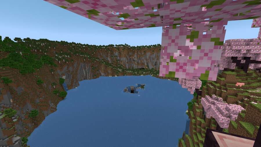 Вид на горы с сакурой и озером сверху 2