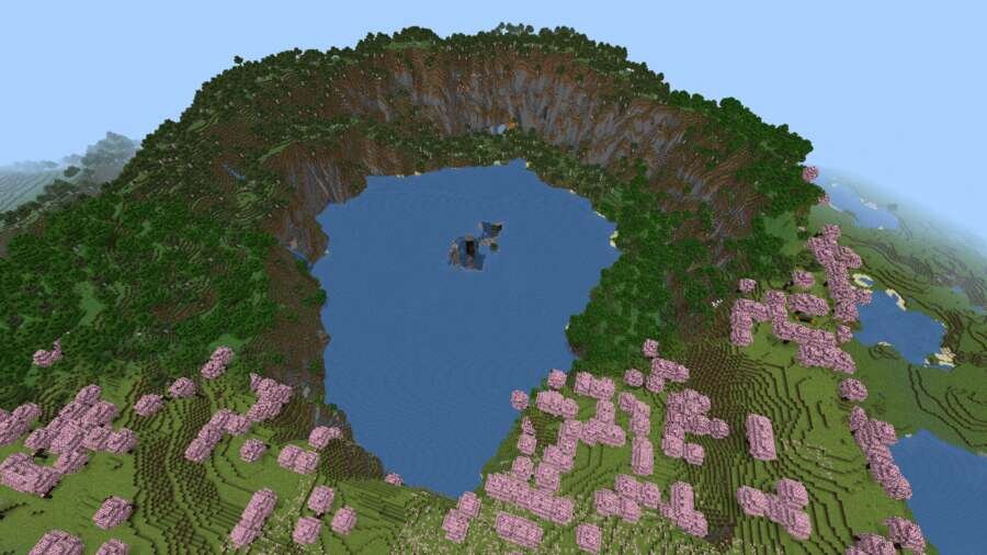 Вид на горы с сакурой и озером сверх