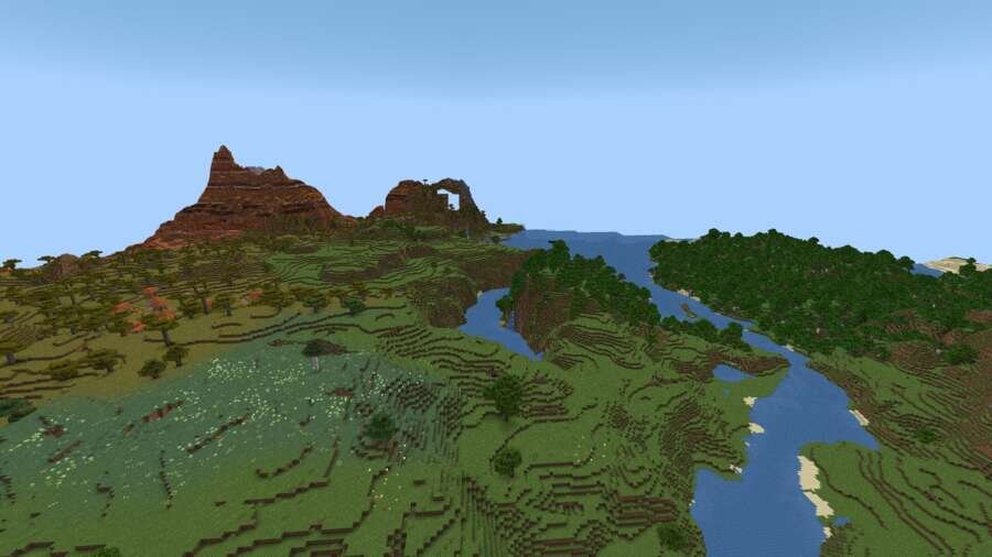 Горы, речка и поля вид сверху