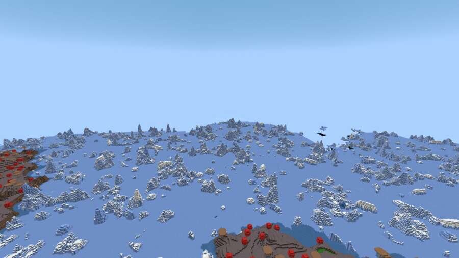 Вид на ледяной биом рядом с грибным биомом