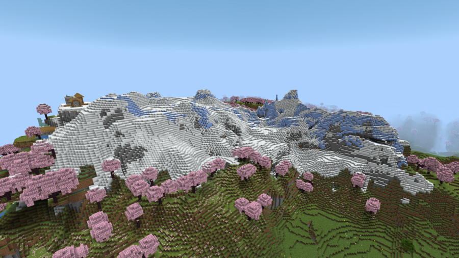 Снежные горы, биом сакуры и просторные луга на точке спауна