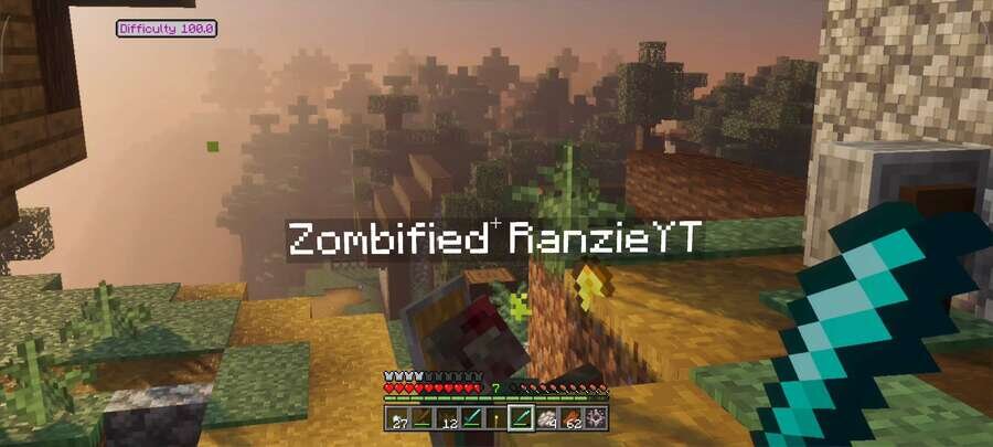 Игрок сражается с Зомби в деревне