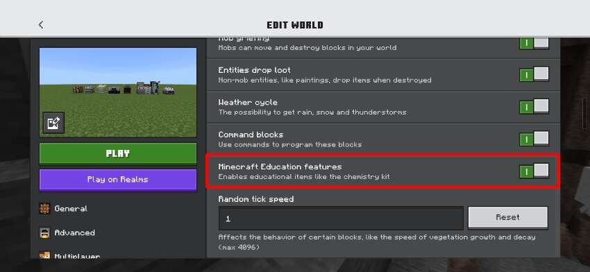 Включение опций в настройках