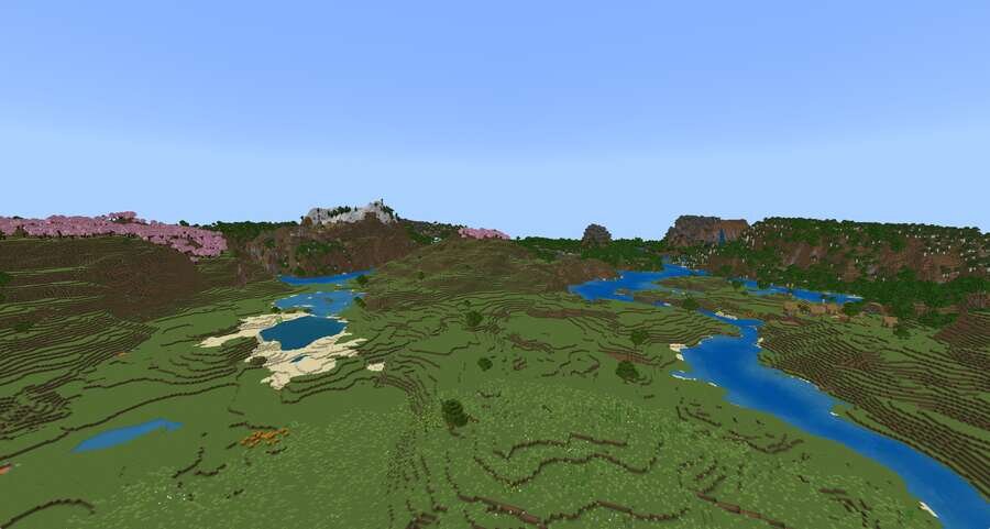 Вид на сакуру в горах и еще одну деревню с речкой