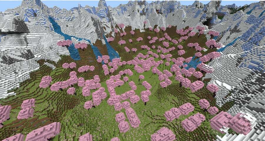 Вид на межгорную долину Сакуры и снежные горы с водопадами