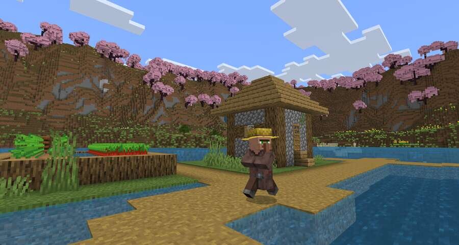 Деревенский житель идет по деревне рядом с водой и грядками