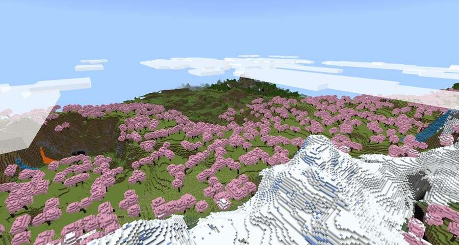 Большая долина сакуры рядом с высокими горами