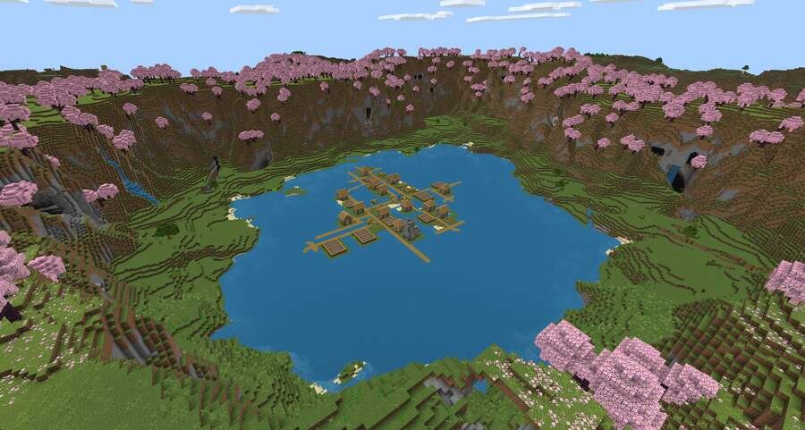 Деревня на воде и холмы с сакурой вокруг
