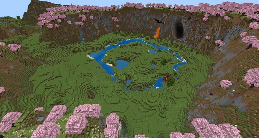 Долина с горами, водоемами и разрушенным порталом сверху