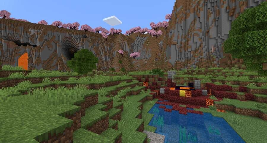 Разрушенный портал на фоне высоких гор с сакурой