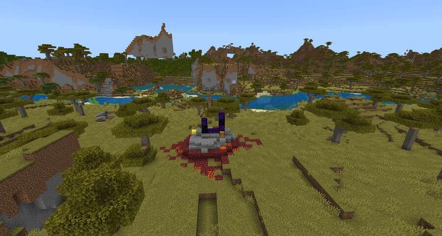 Разрушенный портал на фоне речки и полей