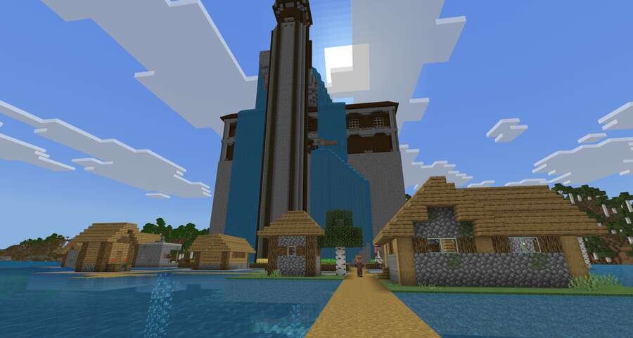 Вид на огромный особняк и деревушку посреди воды 2