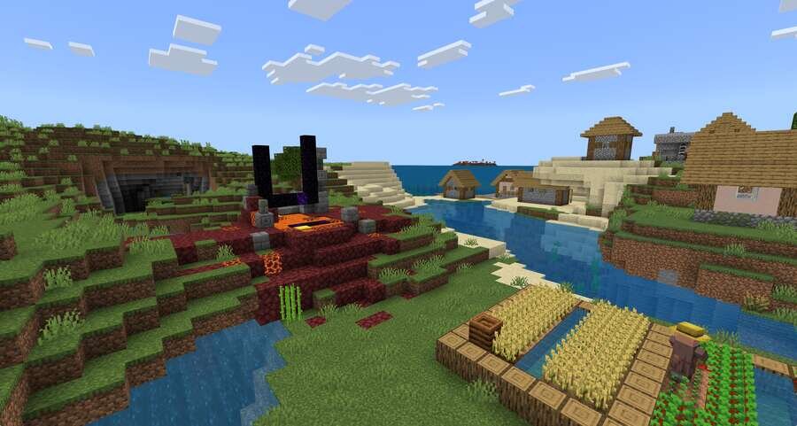 Разрушенный портал на фоне домов деревушки