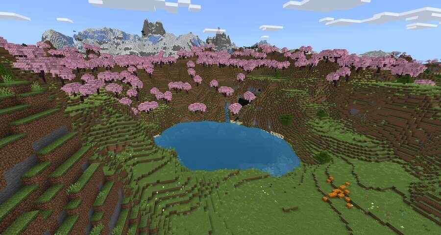 Вид на красивое озеро на фоне биома сакуры