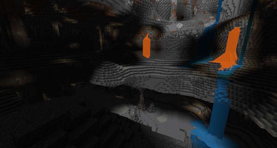 Лава и вода посреди огромных просторов пещеры