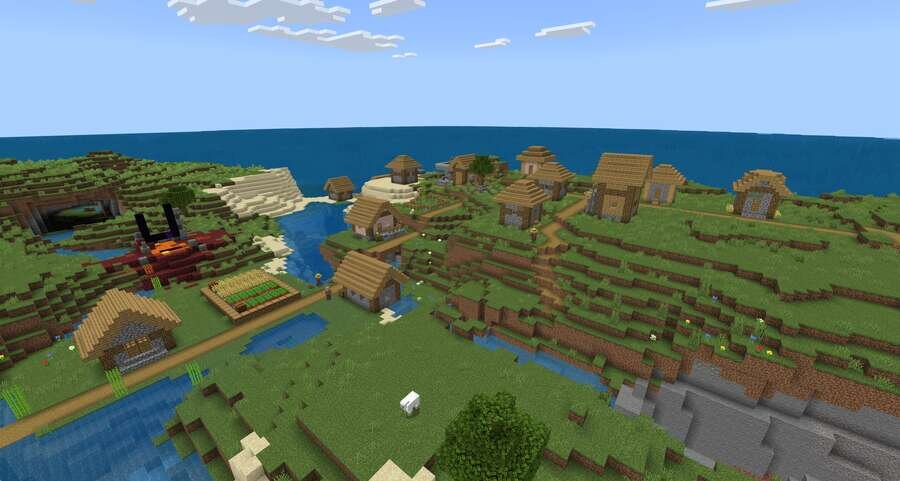 Деревушка с Разрушенным порталом на фоне водоема