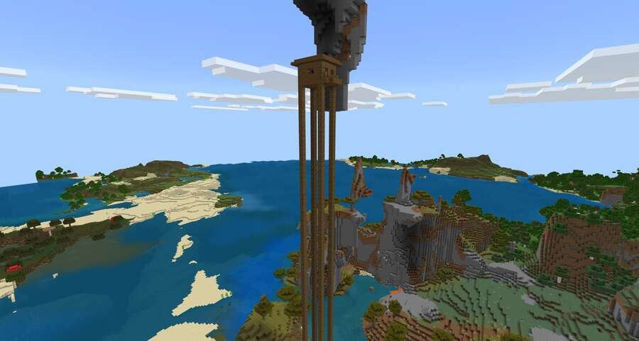 Хижина ведьмы со скалой в воздухе на фоне воды