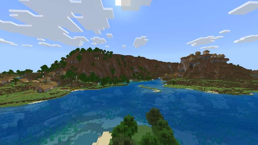 Две деревни на фоне гор и речки