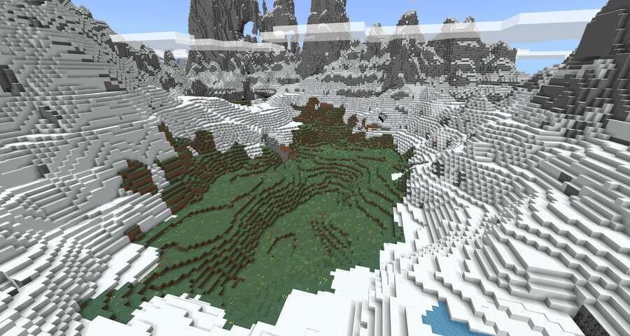 Вид на скрытую поляну среди высоких гор в игре