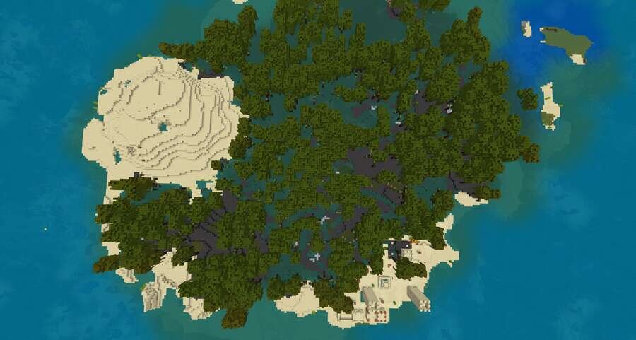 Вид на остров с деревушкой и океан сверху