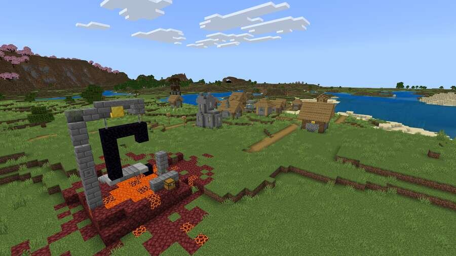 Разрушенный портал на фоне большой деревни