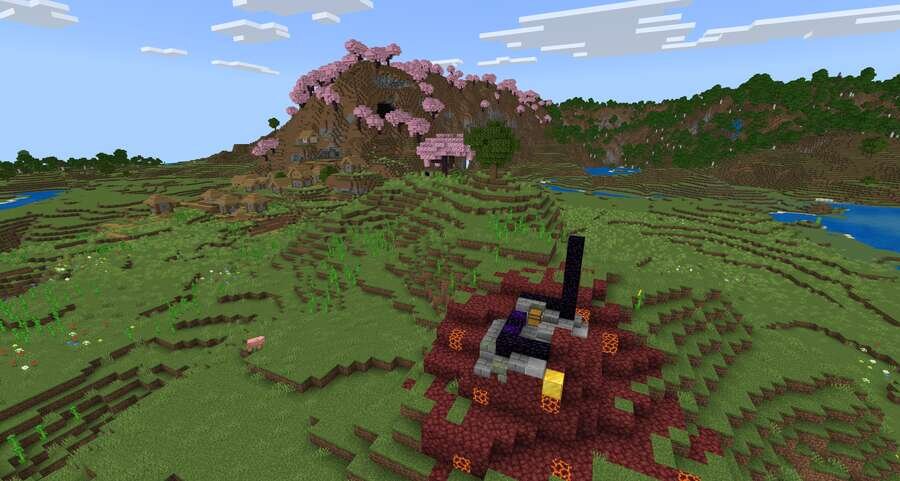 Разрушенный портал на фоне деревьев сакуры и деревушки